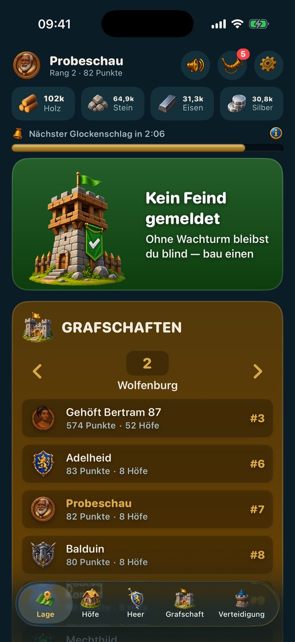 Die Lage von Land und Krone auf dem iPhone: Wachturm meldet keinen Feind, darunter der Grafschafts-Blätterer